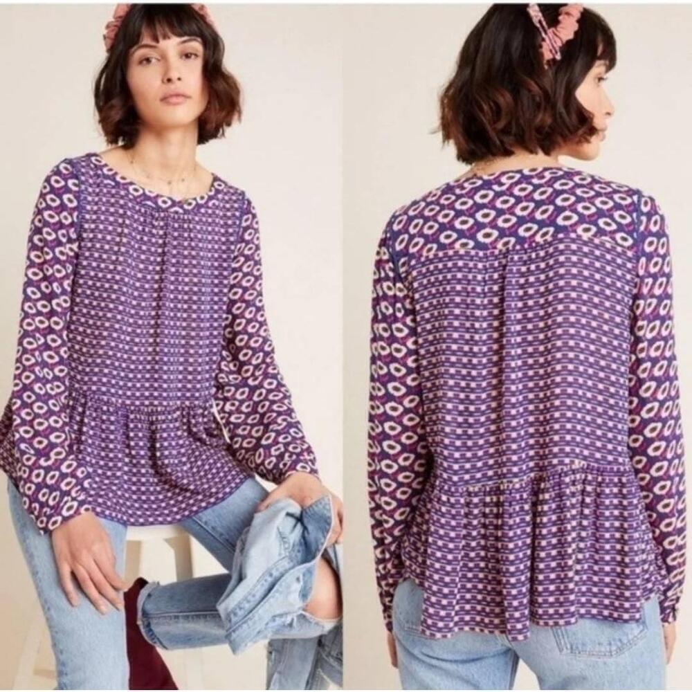 Anthropologie Maeve Purple Floral Peplum Blouse Long Sleeve Size Medium